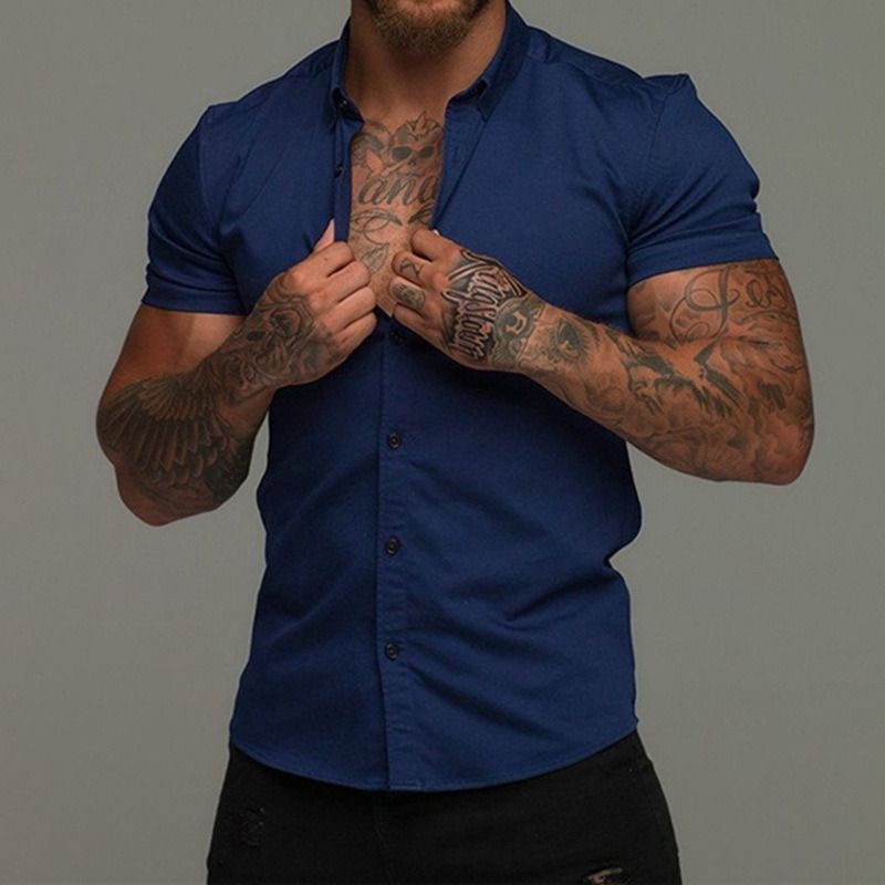 New muscular men's fitness short sleeve lapel shirt,elastic thin plain color sports casual cardigan,business iron free shirt tide,comfortable and breathable,full of masculine charm,Tiktok - popular