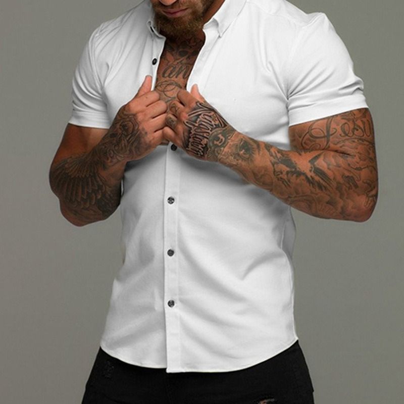 New muscular men's fitness short sleeve lapel shirt,elastic thin plain color sports casual cardigan,business iron free shirt tide,comfortable and breathable,full of masculine charm,Tiktok - popular