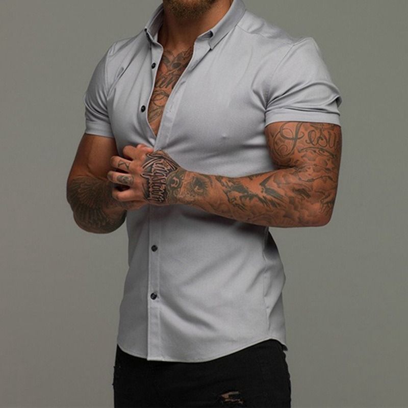 New muscular men's fitness short sleeve lapel shirt,elastic thin plain color sports casual cardigan,business iron free shirt tide,comfortable and breathable,full of masculine charm,Tiktok - popular