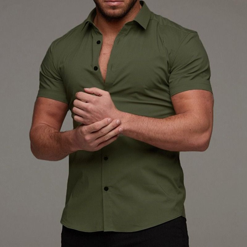 New muscular men's fitness short sleeve lapel shirt,elastic thin plain color sports casual cardigan,business iron free shirt tide,comfortable and breathable,full of masculine charm,Tiktok - popular