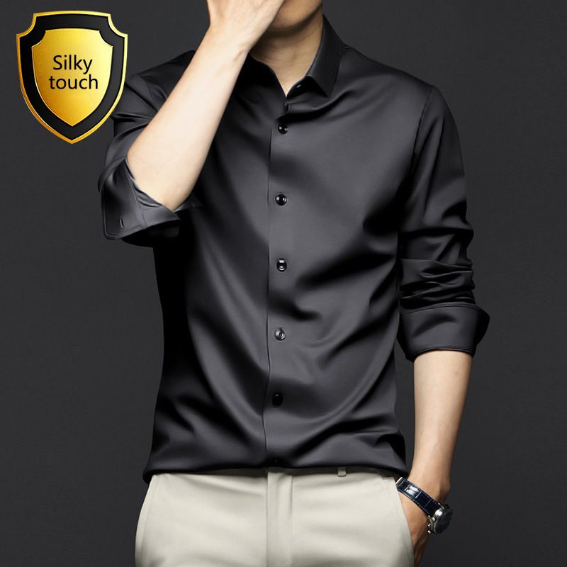New Spring and Autumn Long Sleeve Shirt for Men,Anti Wrinkle  Non Ironing Professional Formal Fashion Trend,Business High end Ice Silk Shirt,Silky Touch Black Shirt,Enhancing African Style Men's Style