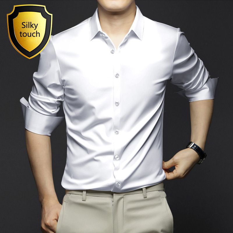 New Spring and Autumn Long Sleeve Shirt for Men,Anti Wrinkle  Non Ironing Professional Formal Fashion Trend,Business High end Ice Silk Shirt,Silky Touch Black Shirt,Enhancing African Style Men's Style