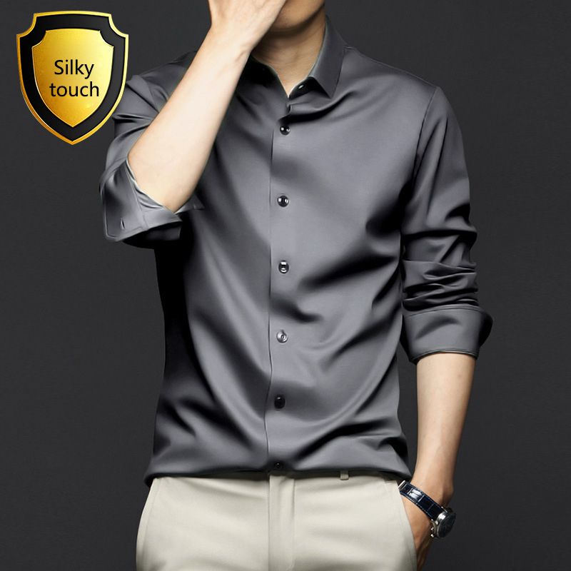 New Spring and Autumn Long Sleeve Shirt for Men,Anti Wrinkle  Non Ironing Professional Formal Fashion Trend,Business High end Ice Silk Shirt,Silky Touch Black Shirt,Enhancing African Style Men's Style