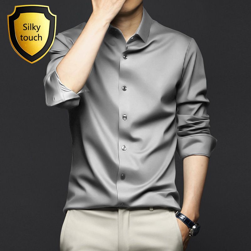 New Spring and Autumn Long Sleeve Shirt for Men,Anti Wrinkle  Non Ironing Professional Formal Fashion Trend,Business High end Ice Silk Shirt,Silky Touch Black Shirt,Enhancing African Style Men's Style