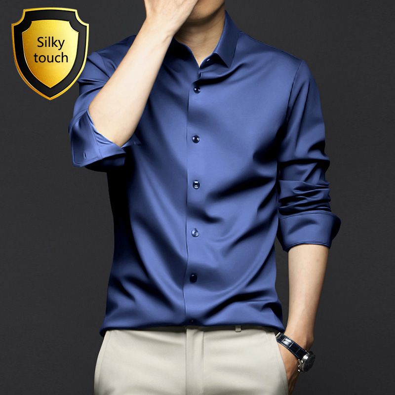 New Spring and Autumn Long Sleeve Shirt for Men,Anti Wrinkle  Non Ironing Professional Formal Fashion Trend,Business High end Ice Silk Shirt,Silky Touch Black Shirt,Enhancing African Style Men's Style