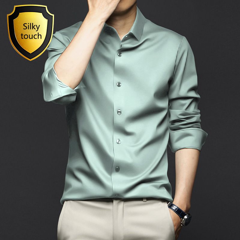 New Spring and Autumn Long Sleeve Shirt for Men,Anti Wrinkle  Non Ironing Professional Formal Fashion Trend,Business High end Ice Silk Shirt,Silky Touch Black Shirt,Enhancing African Style Men's Style