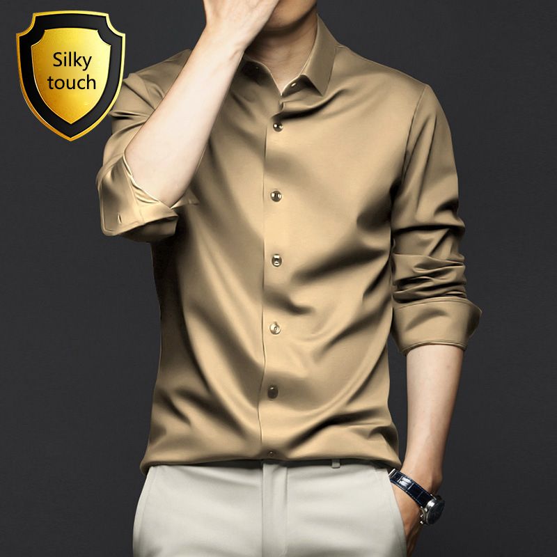 New Spring and Autumn Long Sleeve Shirt for Men,Anti Wrinkle  Non Ironing Professional Formal Fashion Trend,Business High end Ice Silk Shirt,Silky Touch Black Shirt,Enhancing African Style Men's Style