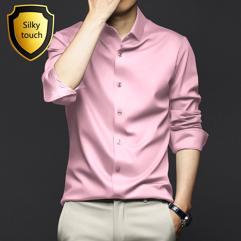 New Spring and Autumn Long Sleeve Shirt for Men,Anti Wrinkle  Non Ironing Professional Formal Fashion Trend,Business High end Ice Silk Shirt,Silky Touch Black Shirt,Enhancing African Style Men's Style