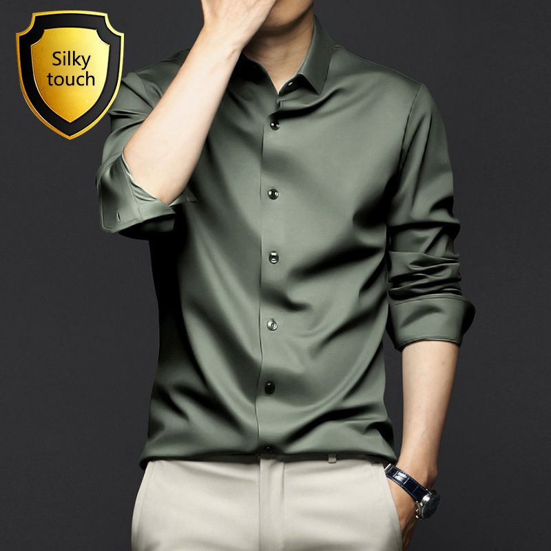 New Spring and Autumn Long Sleeve Shirt for Men,Anti Wrinkle  Non Ironing Professional Formal Fashion Trend,Business High end Ice Silk Shirt,Silky Touch Black Shirt,Enhancing African Style Men's Style