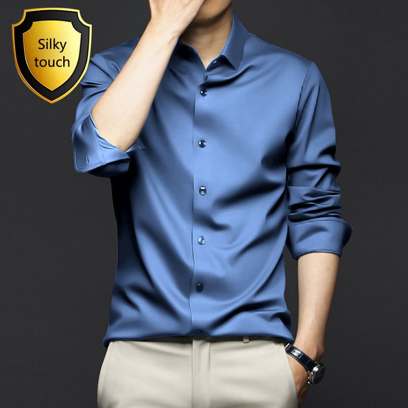 New Spring and Autumn Long Sleeve Shirt for Men,Anti Wrinkle  Non Ironing Professional Formal Fashion Trend,Business High end Ice Silk Shirt,Silky Touch Black Shirt,Enhancing African Style Men's Style