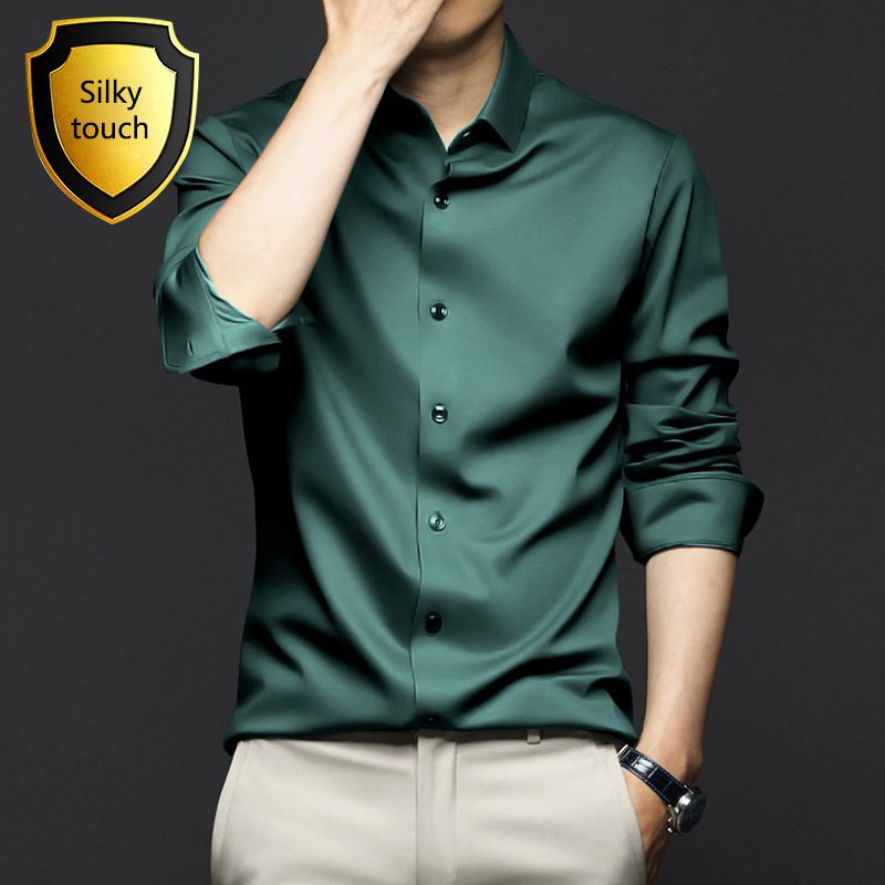 New Spring and Autumn Long Sleeve Shirt for Men,Anti Wrinkle  Non Ironing Professional Formal Fashion Trend,Business High end Ice Silk Shirt,Silky Touch Black Shirt,Enhancing African Style Men's Style