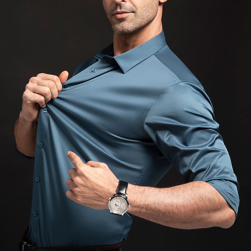 New Spring and Autumn Long Sleeve Shirt for Men,Anti Wrinkle  Non Ironing Professional Formal Fashion Trend,Business High end Ice Silk Shirt,Silky Touch Black Shirt,Enhancing African Style Men's Style