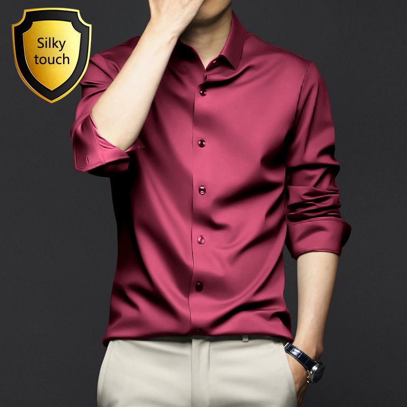 New Spring and Autumn Long Sleeve Shirt for Men,Anti Wrinkle  Non Ironing Professional Formal Fashion Trend,Business High end Ice Silk Shirt,Silky Touch Black Shirt,Enhancing African Style Men's Style