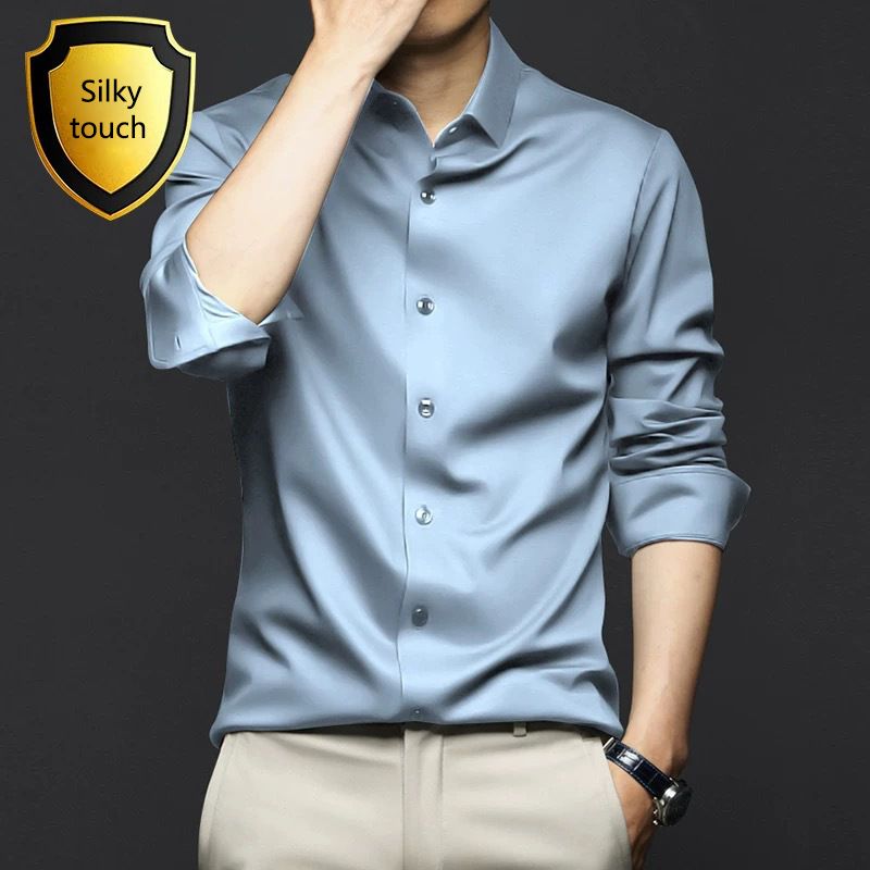 New Spring and Autumn Long Sleeve Shirt for Men,Anti Wrinkle  Non Ironing Professional Formal Fashion Trend,Business High end Ice Silk Shirt,Silky Touch Black Shirt,Enhancing African Style Men's Style