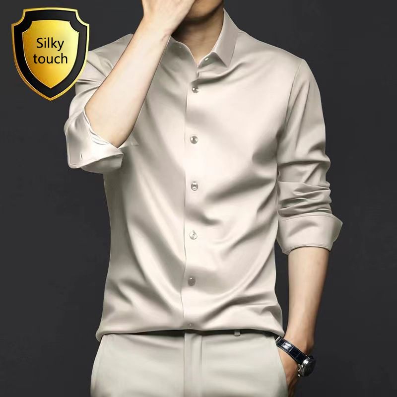 New Spring and Autumn Long Sleeve Shirt for Men,Anti Wrinkle  Non Ironing Professional Formal Fashion Trend,Business High end Ice Silk Shirt,Silky Touch Black Shirt,Enhancing African Style Men's Style