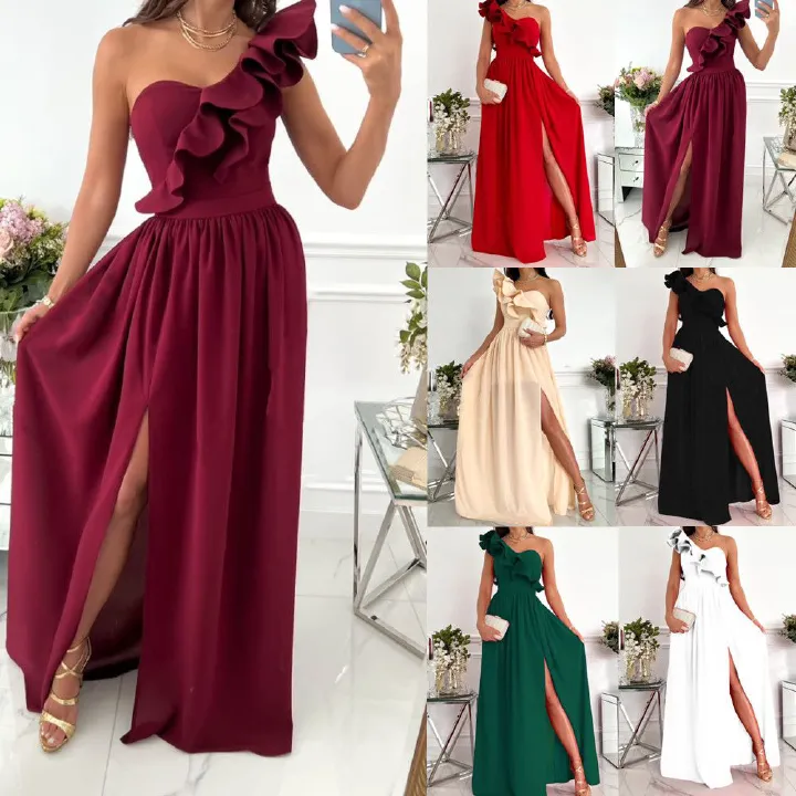 2025 new sleeveless lotus leaf edge skirt,split hem European and American women's dress,waist cinching slimming,fashionable versatile,Elegant One-shoulder Ruffled Long Dress,Your Key to Kenyan Glamour