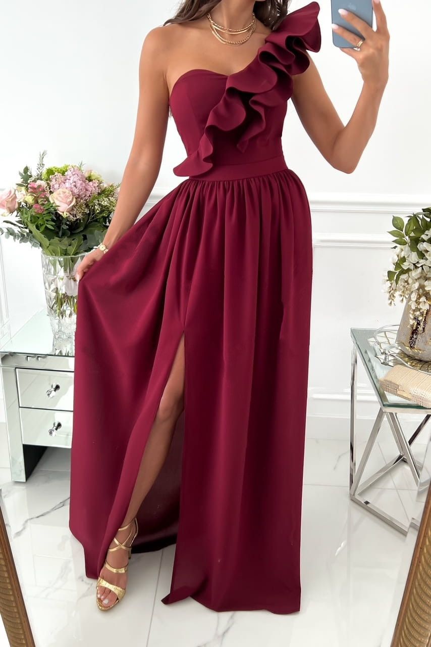 2025 new sleeveless lotus leaf edge skirt,split hem European and American women's dress,waist cinching slimming,fashionable versatile,Elegant One-shoulder Ruffled Long Dress,Your Key to Kenyan Glamour