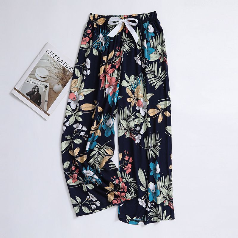 New cotton silk sleeping pants, women's plus size artificial cotton beach pants, can be worn as home cartoon casual floral pants, loose elastic pants, comfortable and breathable, versatile