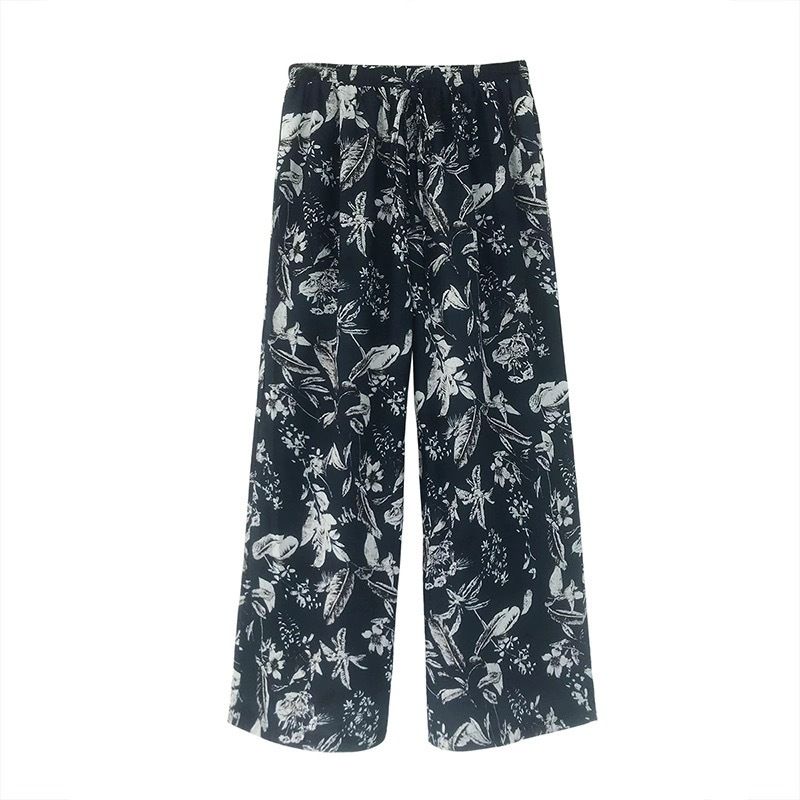 New cotton silk sleeping pants, women's plus size artificial cotton beach pants, can be worn as home cartoon casual floral pants, loose elastic pants, comfortable and breathable, versatile