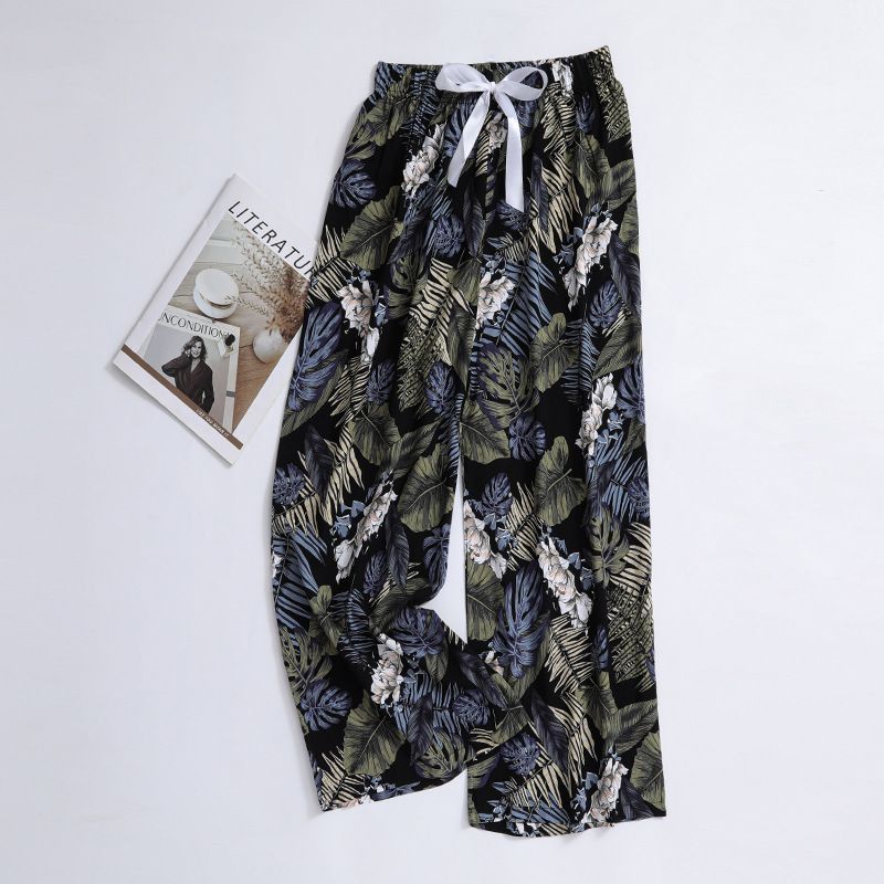 New cotton silk sleeping pants, women's plus size artificial cotton beach pants, can be worn as home cartoon casual floral pants, loose elastic pants, comfortable and breathable, versatile