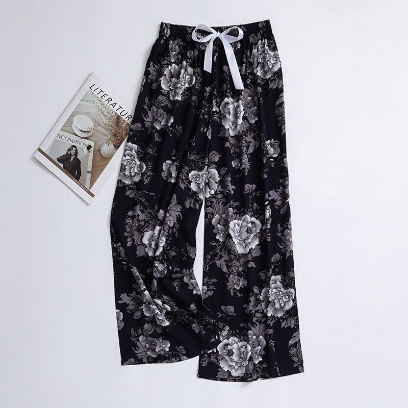 New cotton silk sleeping pants, women's plus size artificial cotton beach pants, can be worn as home cartoon casual floral pants, loose elastic pants, comfortable and breathable, versatile