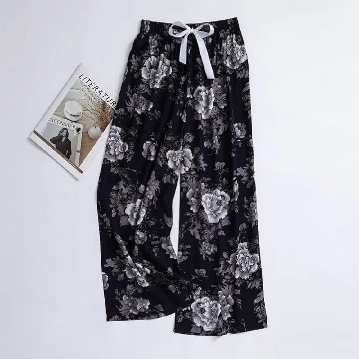 New cotton silk sleeping pants, women's plus size artificial cotton beach pants, can be worn as home cartoon casual floral pants, loose elastic pants, comfortable and breathable, versatile