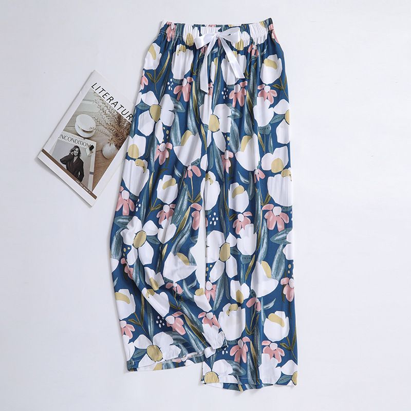 New cotton silk sleeping pants, women's plus size artificial cotton beach pants, can be worn as home cartoon casual floral pants, loose elastic pants, comfortable and breathable, versatile