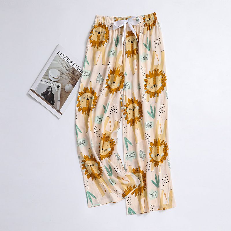 New cotton silk sleeping pants, women's plus size artificial cotton beach pants, can be worn as home cartoon casual floral pants, loose elastic pants, comfortable and breathable, versatile