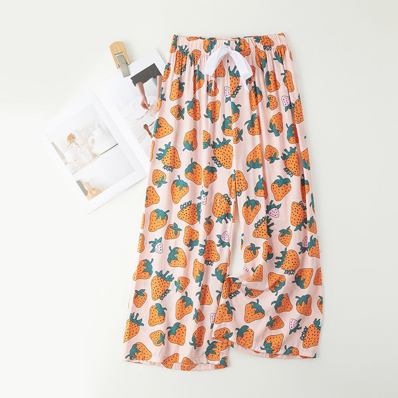 New cotton silk sleeping pants, women's plus size artificial cotton beach pants, can be worn as home cartoon casual floral pants, loose elastic pants, comfortable and breathable, versatile