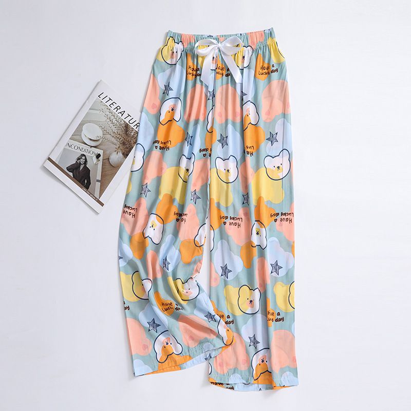 New cotton silk sleeping pants, women's plus size artificial cotton beach pants, can be worn as home cartoon casual floral pants, loose elastic pants, comfortable and breathable, versatile