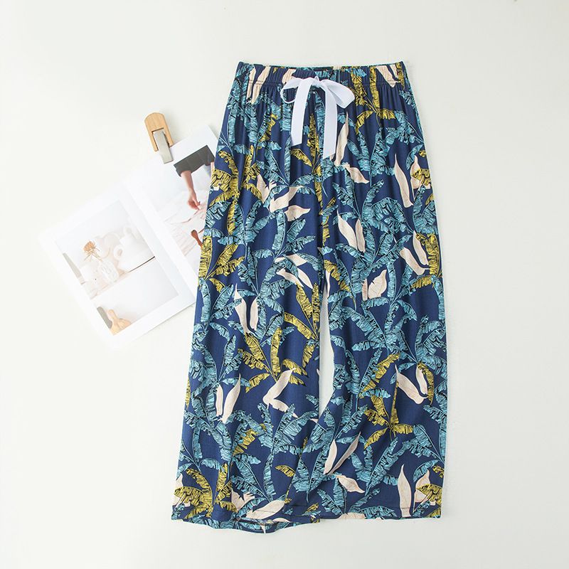 New cotton silk sleeping pants, women's plus size artificial cotton beach pants, can be worn as home cartoon casual floral pants, loose elastic pants, comfortable and breathable, versatile