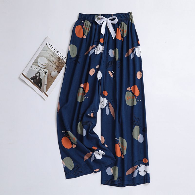 New cotton silk sleeping pants, women's plus size artificial cotton beach pants, can be worn as home cartoon casual floral pants, loose elastic pants, comfortable and breathable, versatile