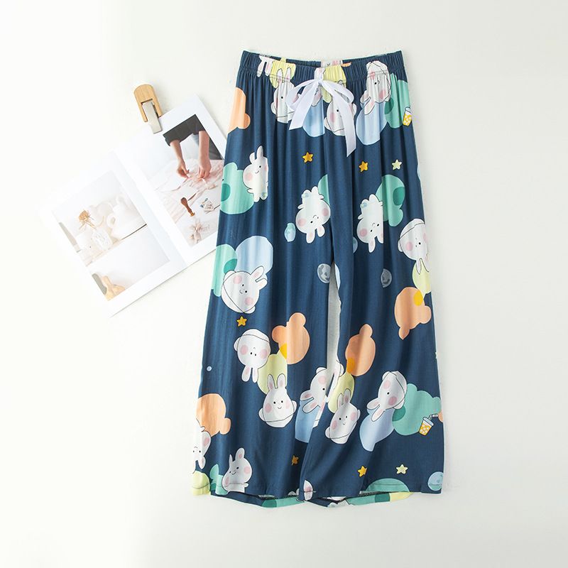 New cotton silk sleeping pants, women's plus size artificial cotton beach pants, can be worn as home cartoon casual floral pants, loose elastic pants, comfortable and breathable, versatile