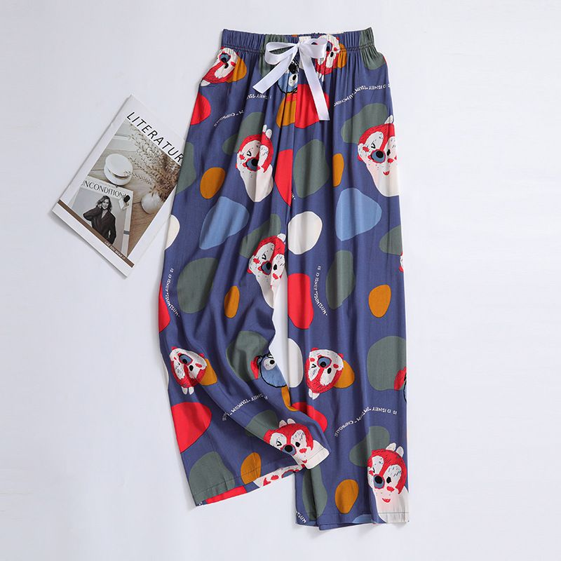 New cotton silk sleeping pants, women's plus size artificial cotton beach pants, can be worn as home cartoon casual floral pants, loose elastic pants, comfortable and breathable, versatile