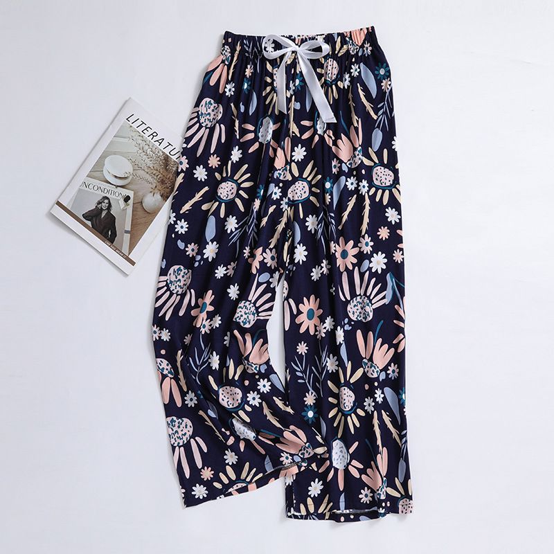 New cotton silk sleeping pants, women's plus size artificial cotton beach pants, can be worn as home cartoon casual floral pants, loose elastic pants, comfortable and breathable, versatile