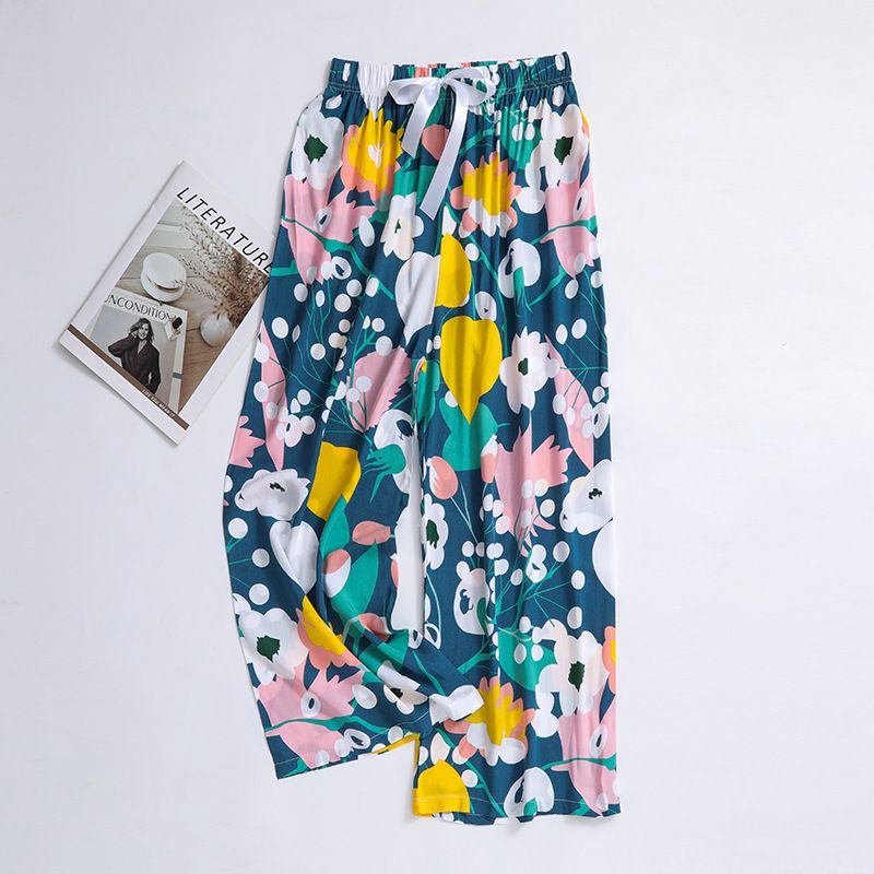 New cotton silk sleeping pants, women's plus size artificial cotton beach pants, can be worn as home cartoon casual floral pants, loose elastic pants, comfortable and breathable, versatile