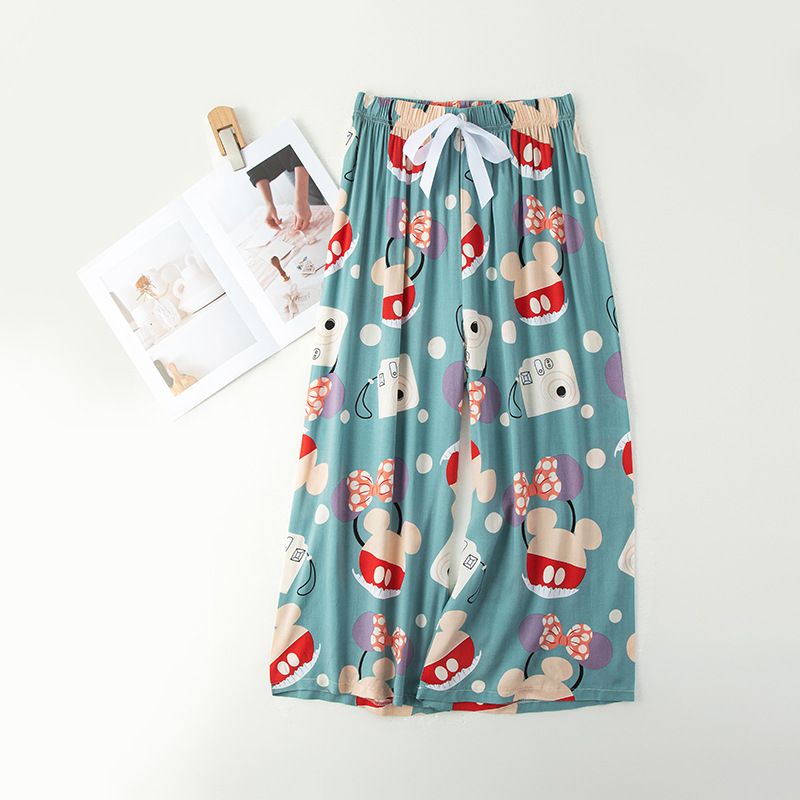 New cotton silk sleeping pants, women's plus size artificial cotton beach pants, can be worn as home cartoon casual floral pants, loose elastic pants, comfortable and breathable, versatile