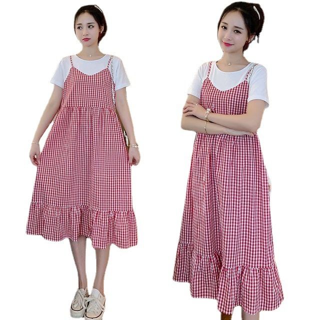 2025 New Pregnant Women's Dress Summer,Thin Pregnant Mother Fake Two Long Skirts,Large Size Long Knee Over Skirt,Cute Strawberry Print,Sweet and Vitality during Pregnancy,Comfortable and Age reducing