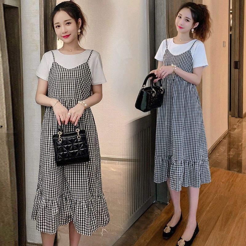 2025 New Pregnant Women's Dress Summer,Thin Pregnant Mother Fake Two Long Skirts,Large Size Long Knee Over Skirt,Cute Strawberry Print,Sweet and Vitality during Pregnancy,Comfortable and Age reducing