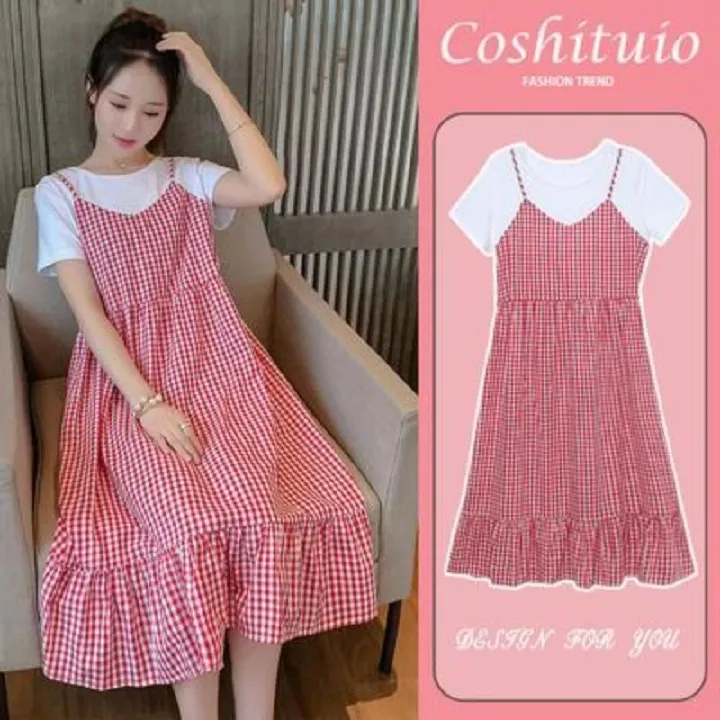 2025 New Pregnant Women's Dress Summer,Thin Pregnant Mother Fake Two Long Skirts,Large Size Long Knee Over Skirt,Cute Strawberry Print,Sweet and Vitality during Pregnancy,Comfortable and Age reducing