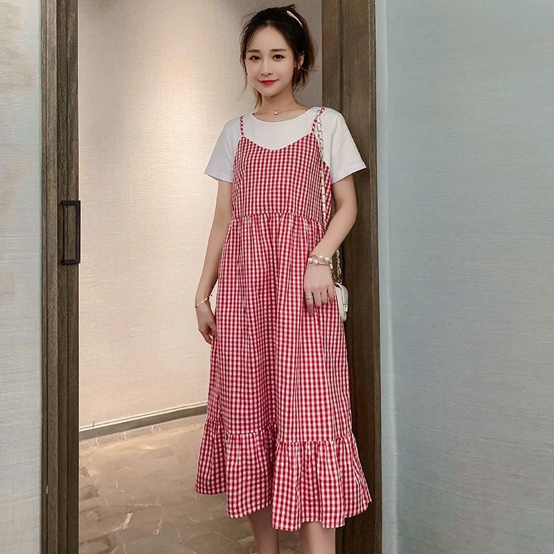 2025 New Pregnant Women's Dress Summer,Thin Pregnant Mother Fake Two Long Skirts,Large Size Long Knee Over Skirt,Cute Strawberry Print,Sweet and Vitality during Pregnancy,Comfortable and Age reducing