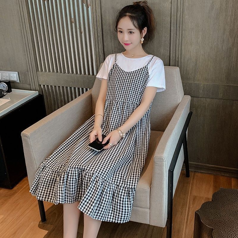 2025 New Pregnant Women's Dress Summer,Thin Pregnant Mother Fake Two Long Skirts,Large Size Long Knee Over Skirt,Cute Strawberry Print,Sweet and Vitality during Pregnancy,Comfortable and Age reducing