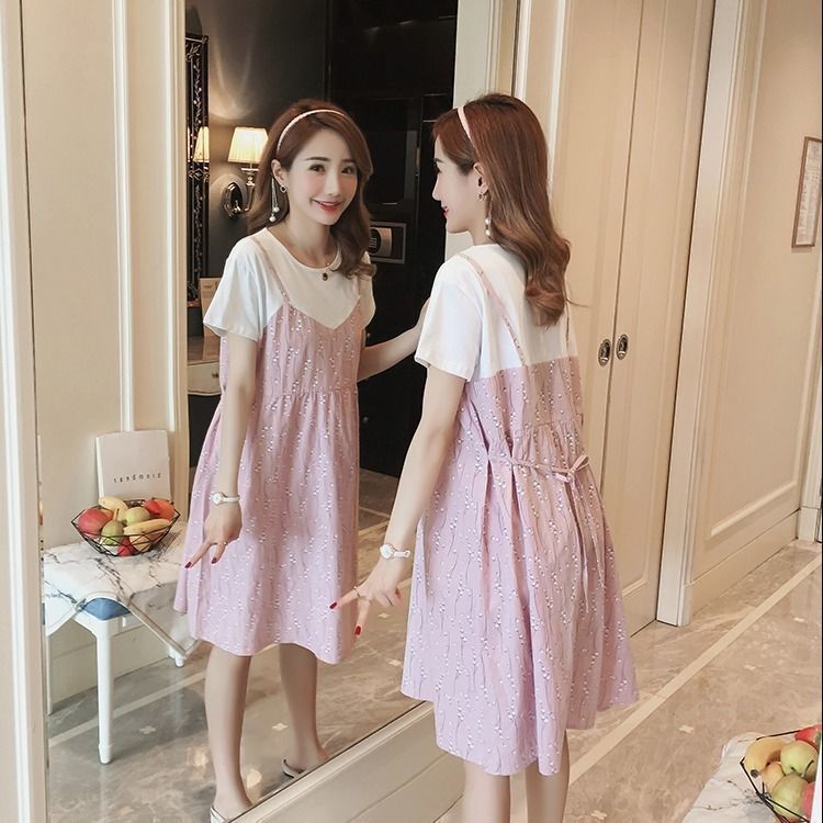 2025 New Pregnant Women's Dress Summer,Thin Pregnant Mother Fake Two Long Skirts,Large Size Long Knee Over Skirt,Cute Strawberry Print,Sweet and Vitality during Pregnancy,Comfortable and Age reducing