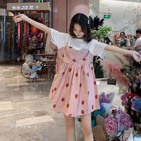 2025 New Pregnant Women's Dress Summer,Thin Pregnant Mother Fake Two Long Skirts,Large Size Long Knee Over Skirt,Cute Strawberry Print,Sweet and Vitality during Pregnancy,Comfortable and Age reducing
