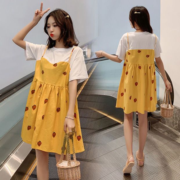 2025 New Pregnant Women's Dress Summer,Thin Pregnant Mother Fake Two Long Skirts,Large Size Long Knee Over Skirt,Cute Strawberry Print,Sweet and Vitality during Pregnancy,Comfortable and Age reducing