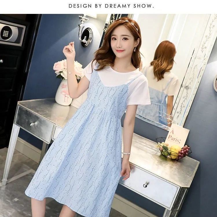 2025 New Pregnant Women's Dress Summer,Thin Pregnant Mother Fake Two Long Skirts,Large Size Long Knee Over Skirt,Cute Strawberry Print,Sweet and Vitality during Pregnancy,Comfortable and Age reducing