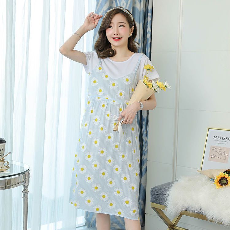 2025 New Pregnant Women's Dress Summer,Thin Pregnant Mother Fake Two Long Skirts,Large Size Long Knee Over Skirt,Cute Strawberry Print,Sweet and Vitality during Pregnancy,Comfortable and Age reducing