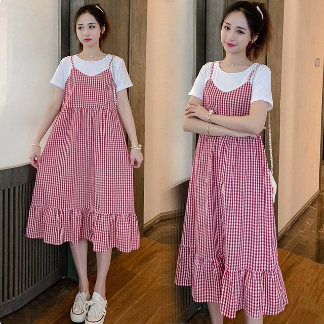 2025 New Pregnant Women's Dress Summer,Thin Pregnant Mother Fake Two Long Skirts,Large Size Long Knee Over Skirt,Cute Strawberry Print,Sweet and Vitality during Pregnancy,Comfortable and Age reducing