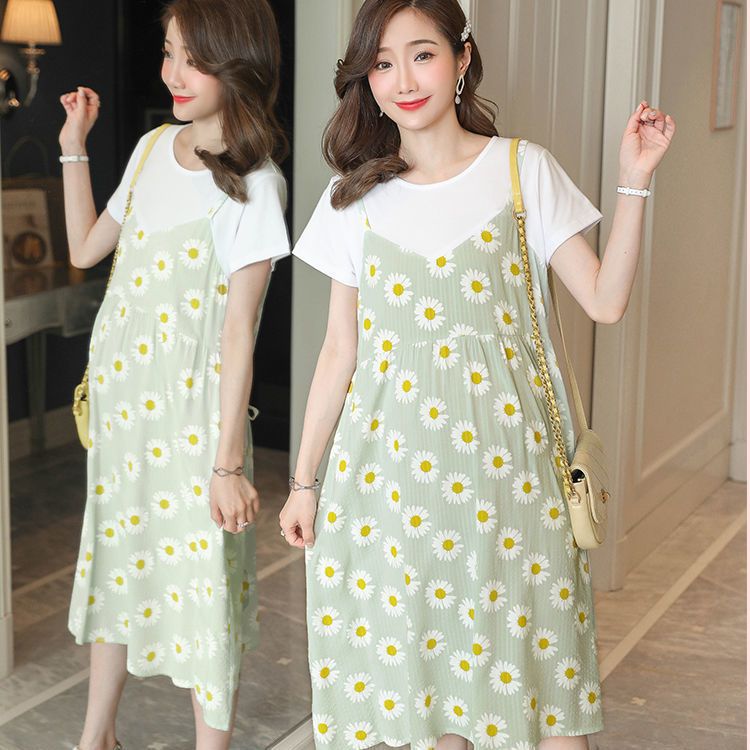 2025 New Pregnant Women's Dress Summer,Thin Pregnant Mother Fake Two Long Skirts,Large Size Long Knee Over Skirt,Cute Strawberry Print,Sweet and Vitality during Pregnancy,Comfortable and Age reducing
