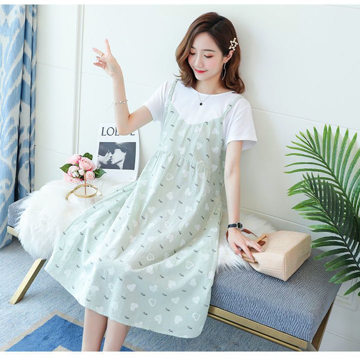 2025 New Pregnant Women's Dress Summer,Thin Pregnant Mother Fake Two Long Skirts,Large Size Long Knee Over Skirt,Cute Strawberry Print,Sweet and Vitality during Pregnancy,Comfortable and Age reducing
